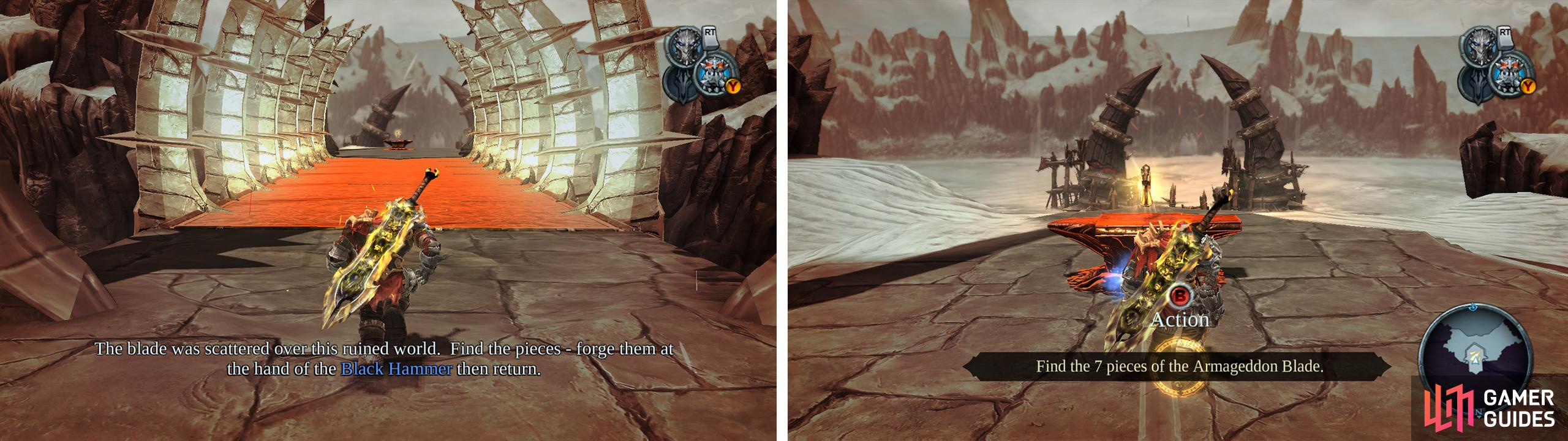 With the Mask of Shadows on cross the bridge (left) to find the first Armageddon Blade Shard (right).