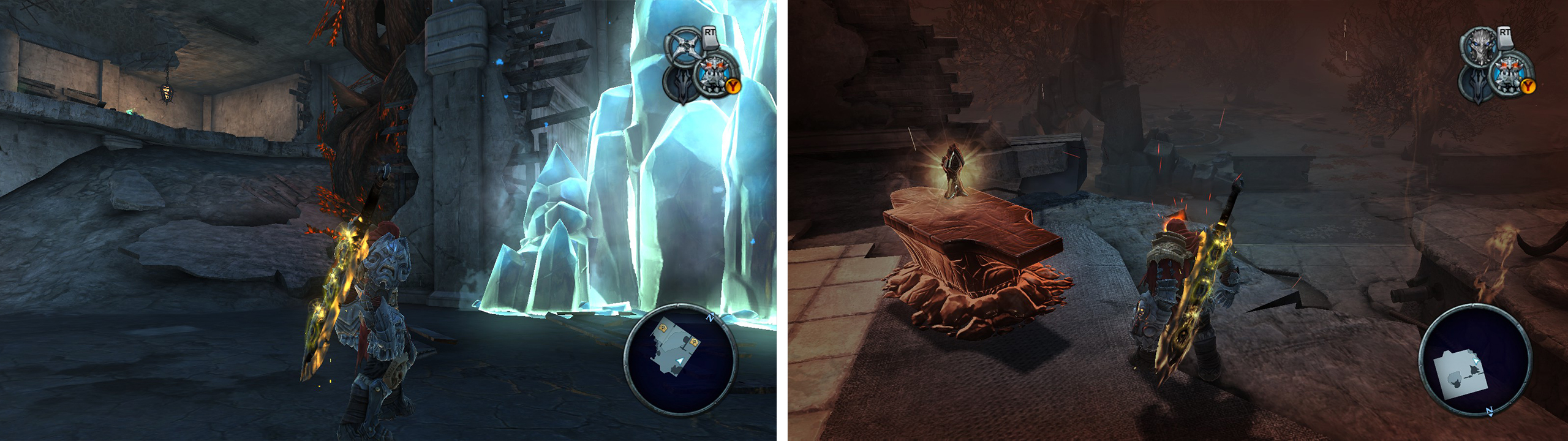 Destroy the blue crystals on the second floor (left) for a Life Stone Shard. Climb to the top of the building to find the next Armageddon Blade Shard (right).