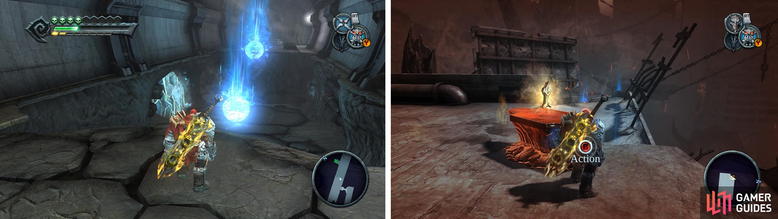 There is an Artefact behind blue crystals (left) on the path between the Choking Grounds and the Broken Stair. The next Armageddon Blade Shard can be found where we mounted the Angelic Beast (right).