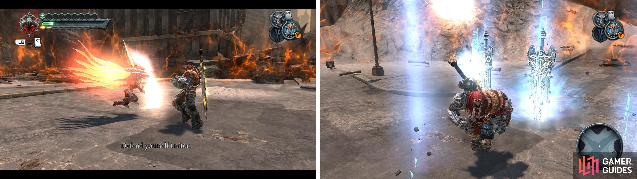 Dodge Uriels attacks (left) and keep moving to avoid the falling blades (right).