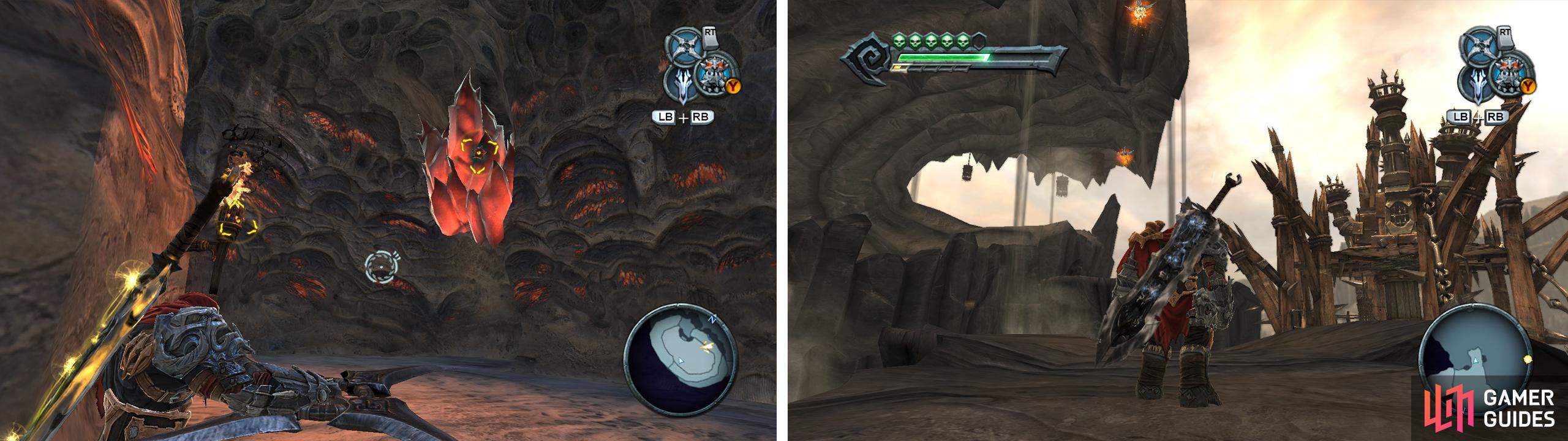 Destroy the red crystals (left) and follow the path to the top for an Armageddon Blade Shard. After using the shadowflight geyser in the middle of the Ash Lands, look for grapple points (right) leading to the Abyssal Armor.
