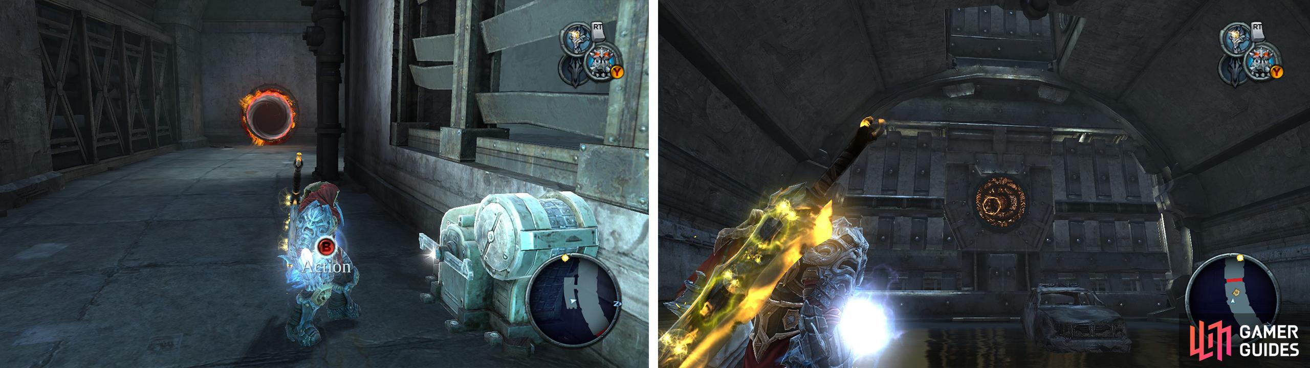 Use the portal pad in the room with the Chronosphere (left) and the other on the back of the door the switch opens (right). Raise the door and run through for the chest.