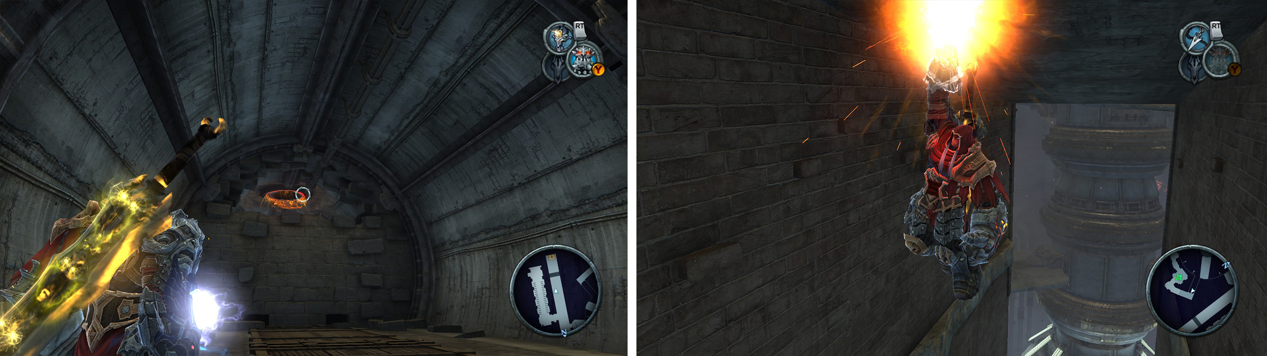 Look for a portal pad on the roof (left). Use the fan to hop down and reach a grapple point (right). Keep moving to find an Artefact and a Wrath Shard through a second portal pad.