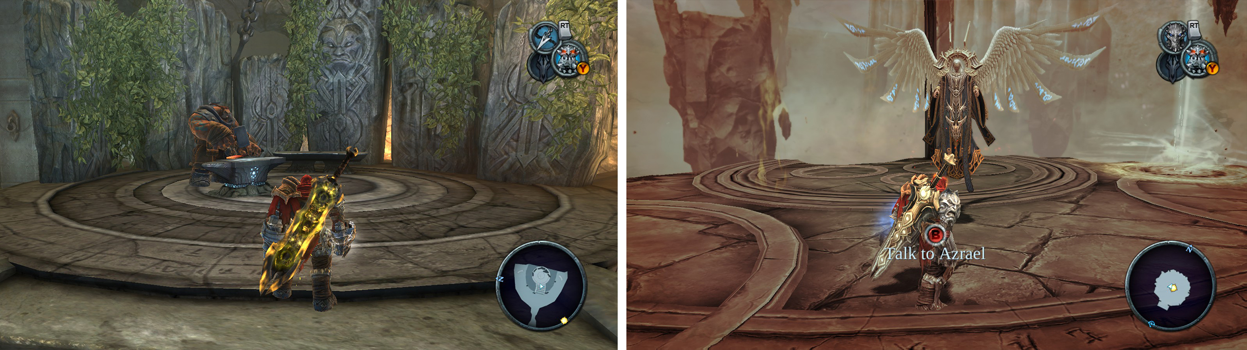Take the Armageddon Blade Shards to Ulthane (left) and then speak with Azrael in Leviathans Drift (right).