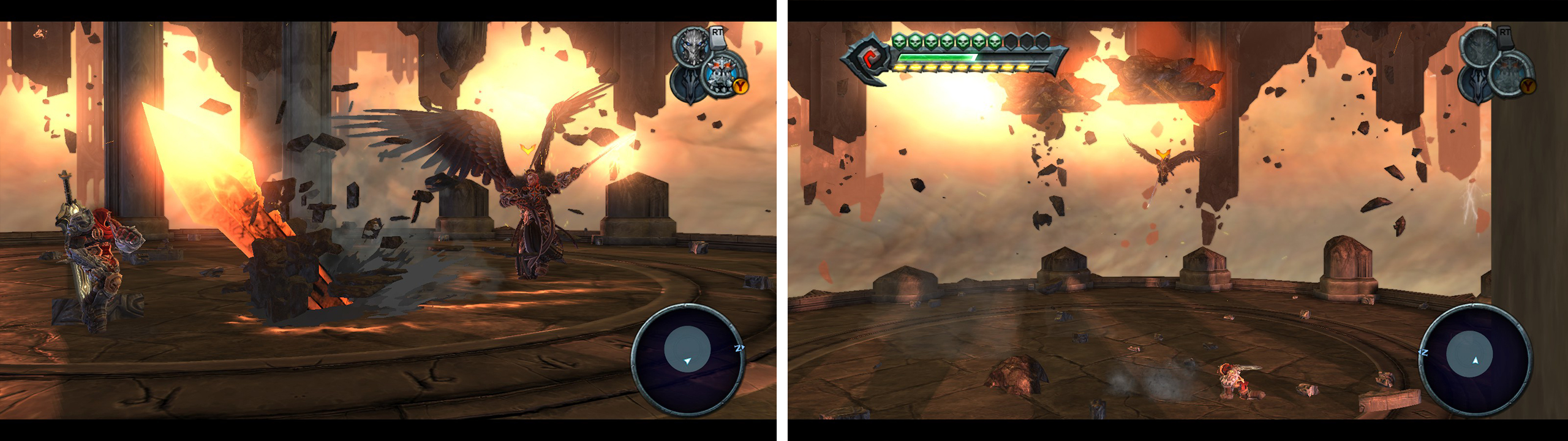 To beat the boss, you need to avoid his attacks (left) whilst sneaking in a few of your own when there is an opening. Be sure to dodge the rocks that he throws at you after taking damage (right).