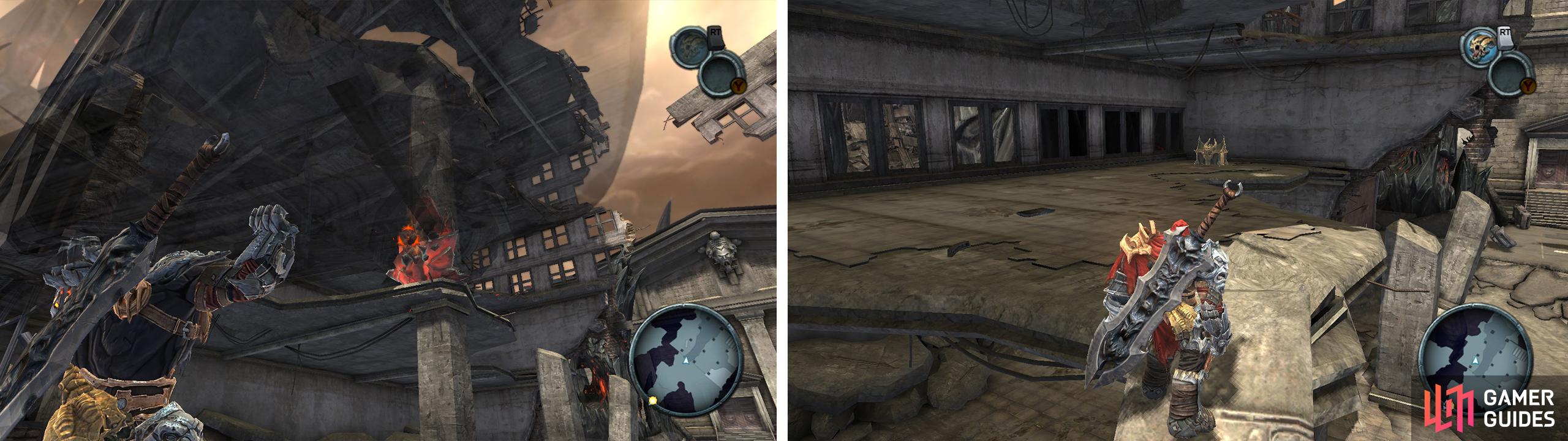 Throw a car at the bomb on the pillar (left). Climb it to find a piece of Abyssal Armour (right).