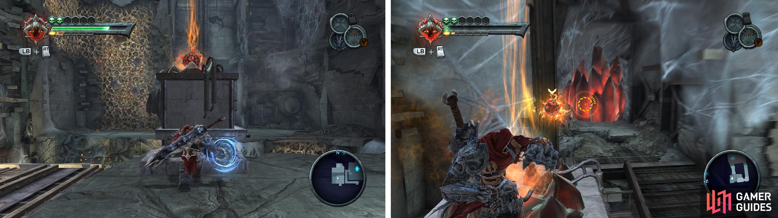 Punch the bomb block across the gap (left). When it reaches the top, use the bomb to blow up the red crystals (right).