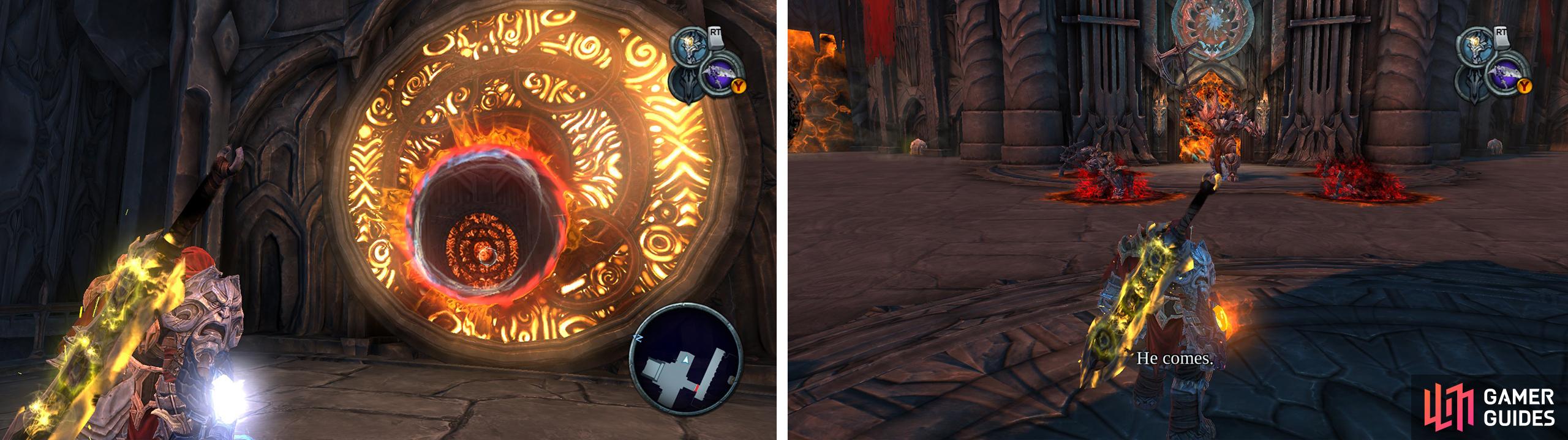 Shoot a portal through a portal to hit the far column (left). Jump through and kill the enemies waiting for you on the far side of the chasm (right).