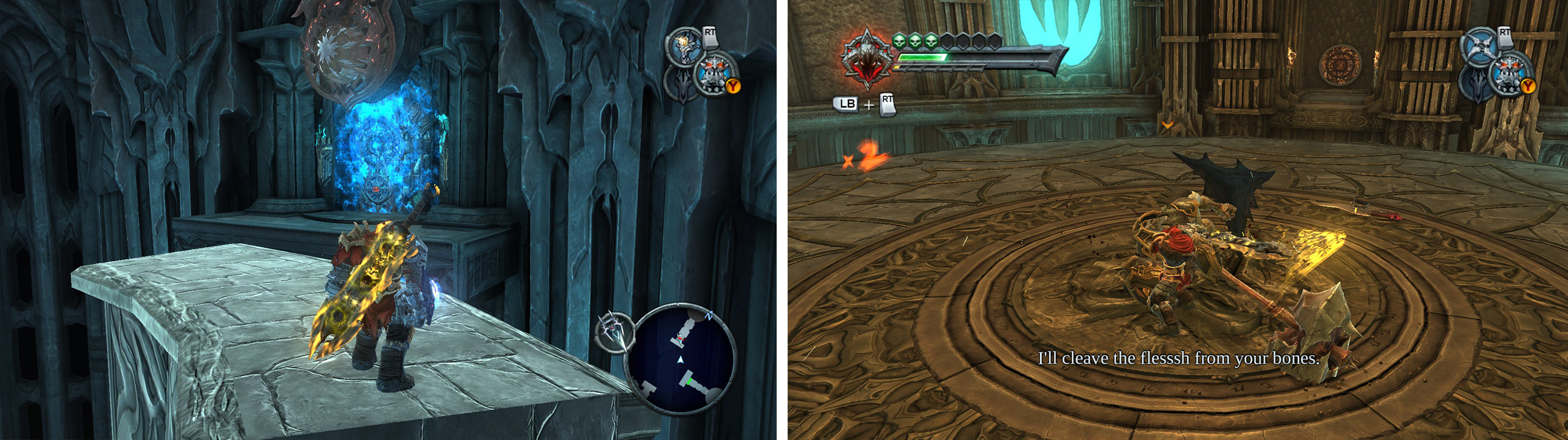 Climb to the top of the spinning rock cylinder and jump to the platform with the locked door (right). At the top of the lift fight off the enemies that appear (right).
