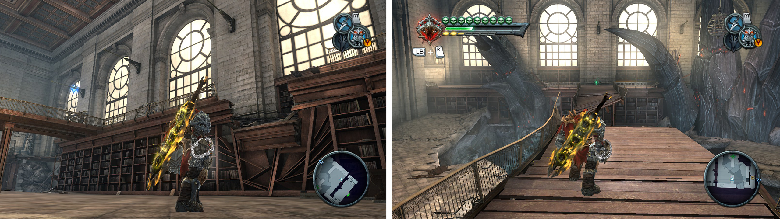 Enter the building behind Vulgrim and find the broken bookshelf (left). Here you can find a grapple point to a Life Stone Shard and a jump to a Artefact (right).