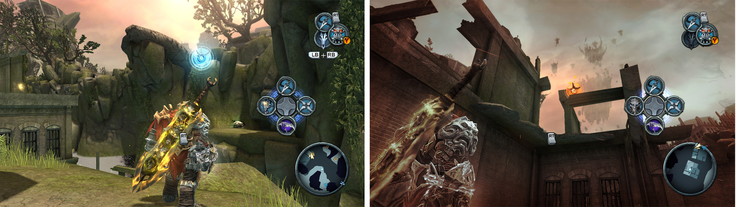 Use the grapple point (left) to reach a Life Stone Shard. With the Mask of Shadows look for the grapple point leading to the next Armageddon Blade Shard (right).