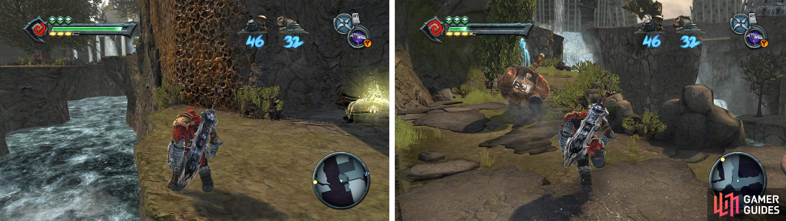 Use the demon growth to climb down to a Wrath Shard (left). Follow Ulthane until the end of the area (right).