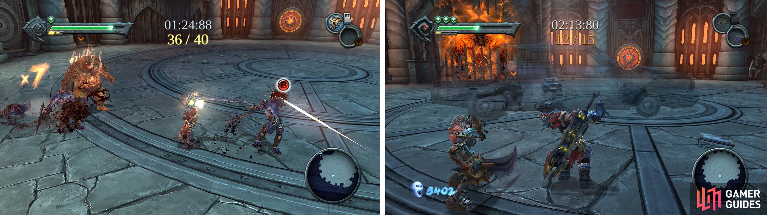 When enemy health is low, hit the button prompt to finish them! (left). You can use cars and other objects in the environment as projectile weapons (right).
