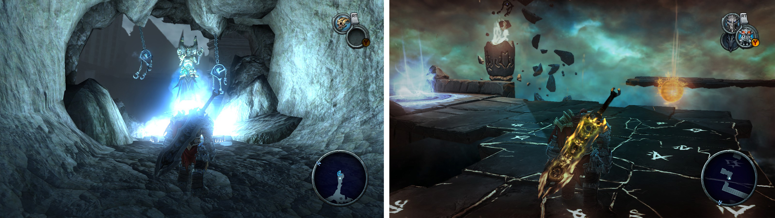Vulgrim can be found all over the world (left). You can fast travel between Vulgrim Locations using Serpent Holes (right).