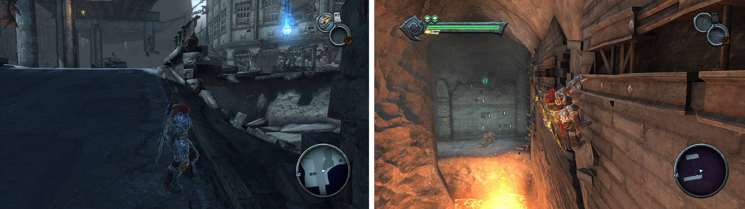 Upon entering the Broken Stair go through the destroyed wall (left) to find an Artefact. In the twilight Cathedral, after crossing this gap back jump from the wall to grab the Artefact (right).