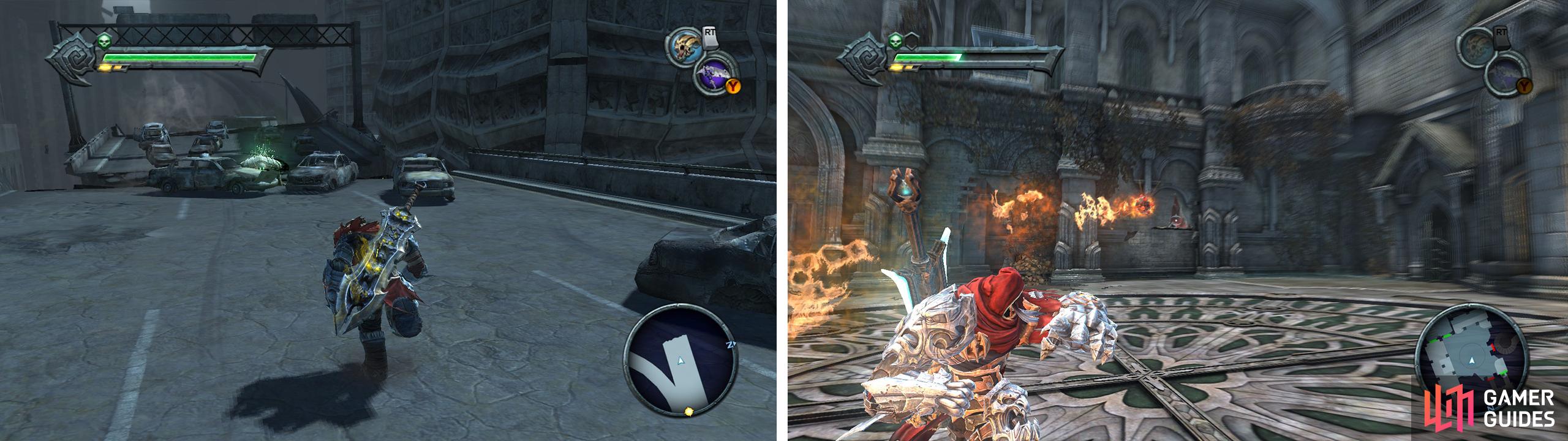 Broken Stair: When you reach the overpass, grab the Life Stone Shard from the dead end to the left (left). Twilight Cathedral: In this courtyard throw a bomb through the window (right) to reveal a Life Stone Shard (right).