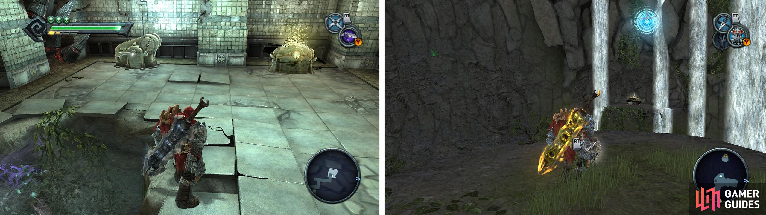 The Hollows: by the switch to turn off the fan in the underwater tunnels (left). Anvils Ford: on a small floating island on the west side of the map (right) youll need the Abyssal Chain to reach it.