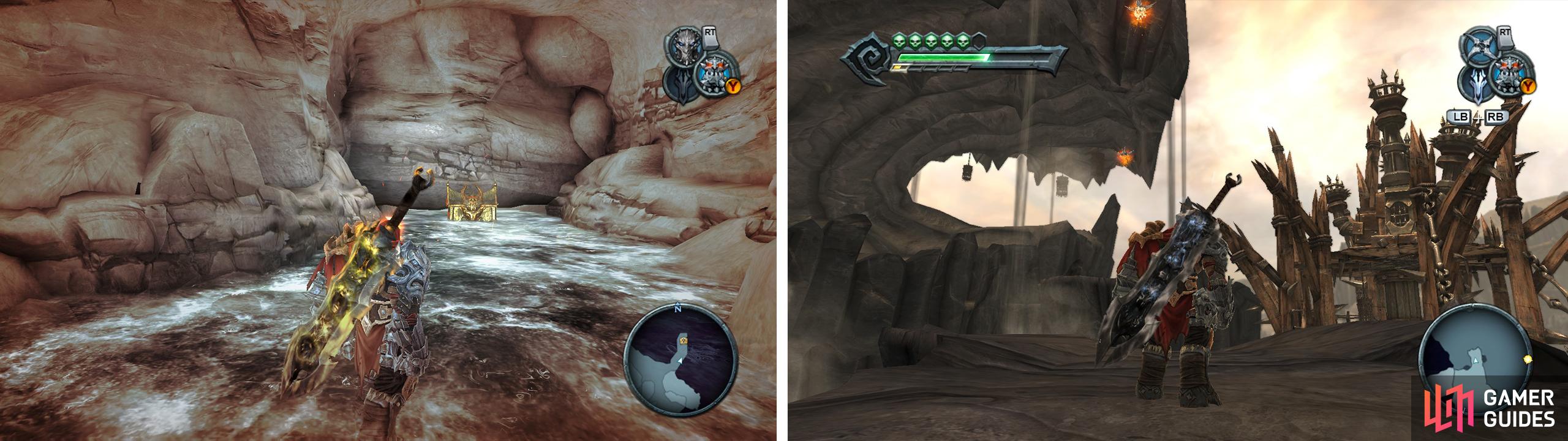 Eden: The armour can be found behind the waterfall (left). Ash Lands: Use the Abyssal Chain from the rocky platform accessible via the shadowflight geyser in the desert (right) to reach a rooftop with the armour.