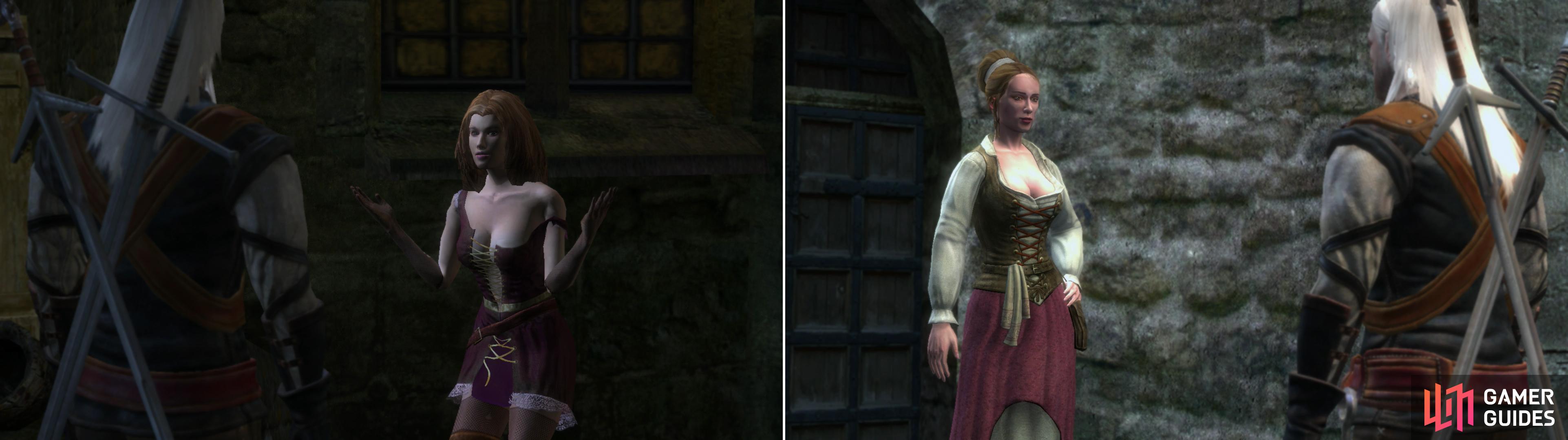 Gossip with Gossip and provide her with some Red Women’s Gloves, and she’ll decide she needs to see more of the “White Wolf” (left). Carmen, the prostitute, is somewhat more chaste. She has work for you-not Witcher’s work-but work, nonetheless (right).
