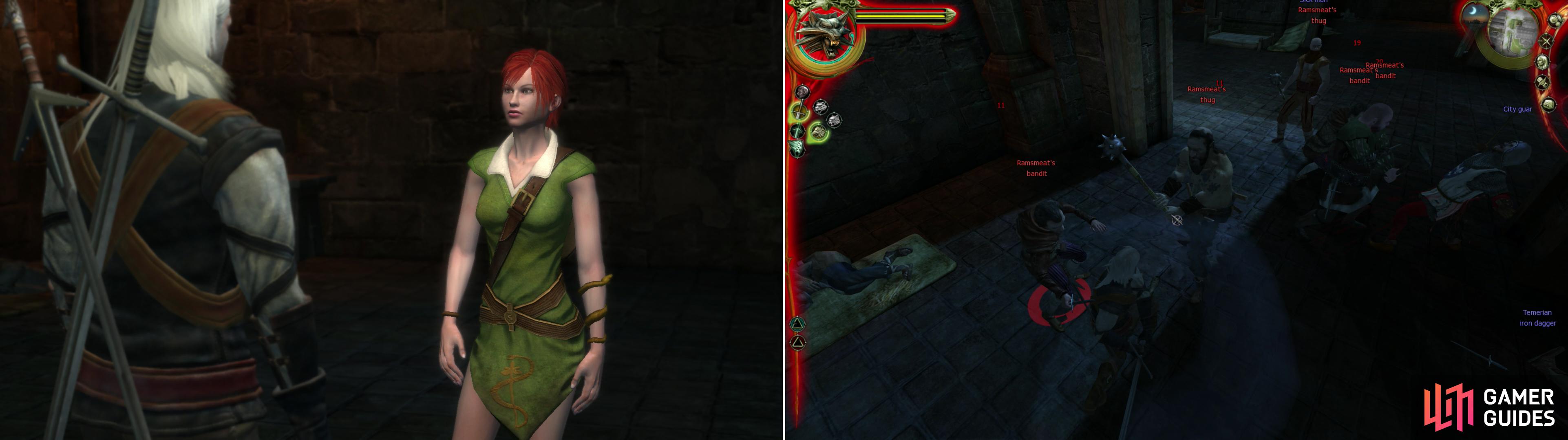 Reunite with your buddy Shani, and give her five Celandine herbs (left). Fight off some of Ramsmeat’s thugs, who interrupt your attempt to interrogate the captive Salamander (right).