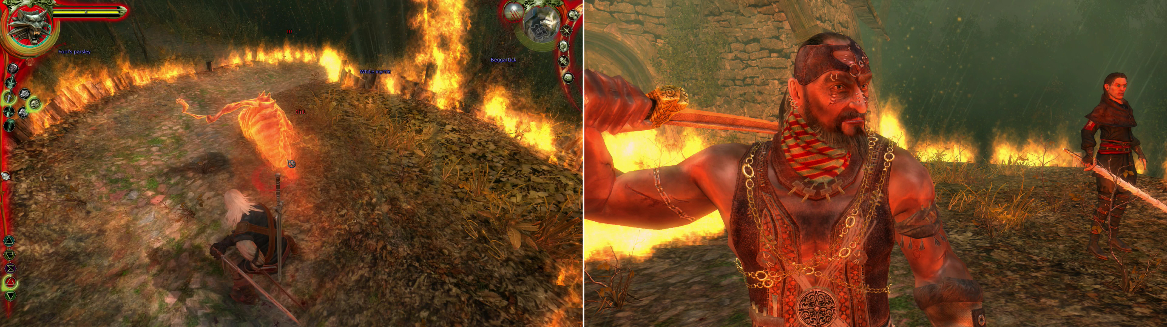 After getting the drop on Azar, he’ll summon an Ifrit (left). This is merely a delay, however, buying him time until he can create a portal through which the Professor joins the fray (right).