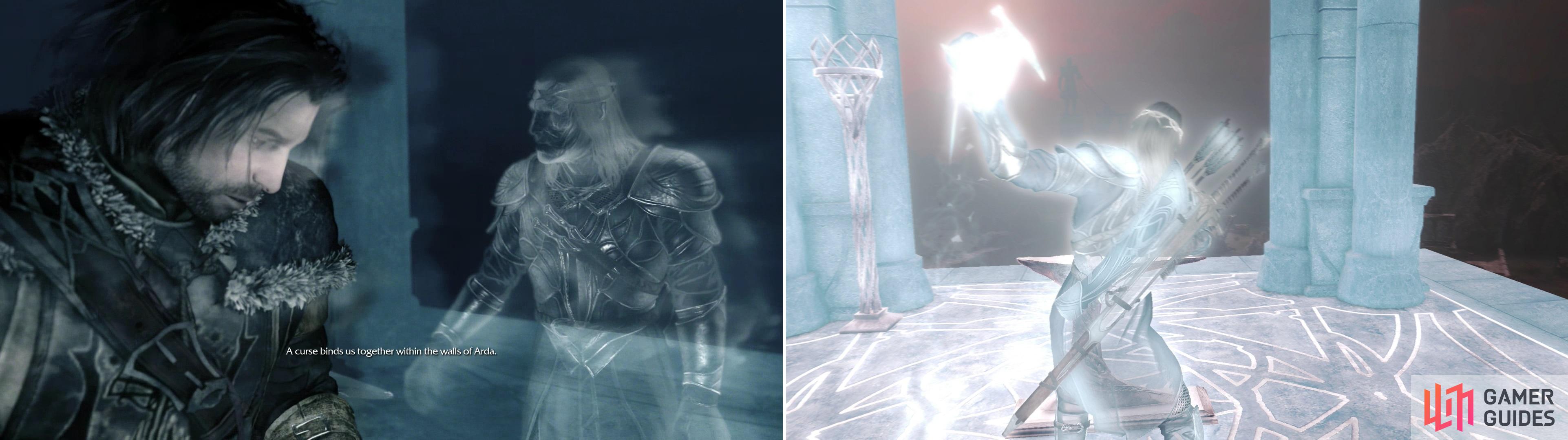 After the ritual, you'll find yourself lost in Mordor, and bound to an Elven Wraith (left). Reforge the Forge Tower to gain information about the surrounding area (right).