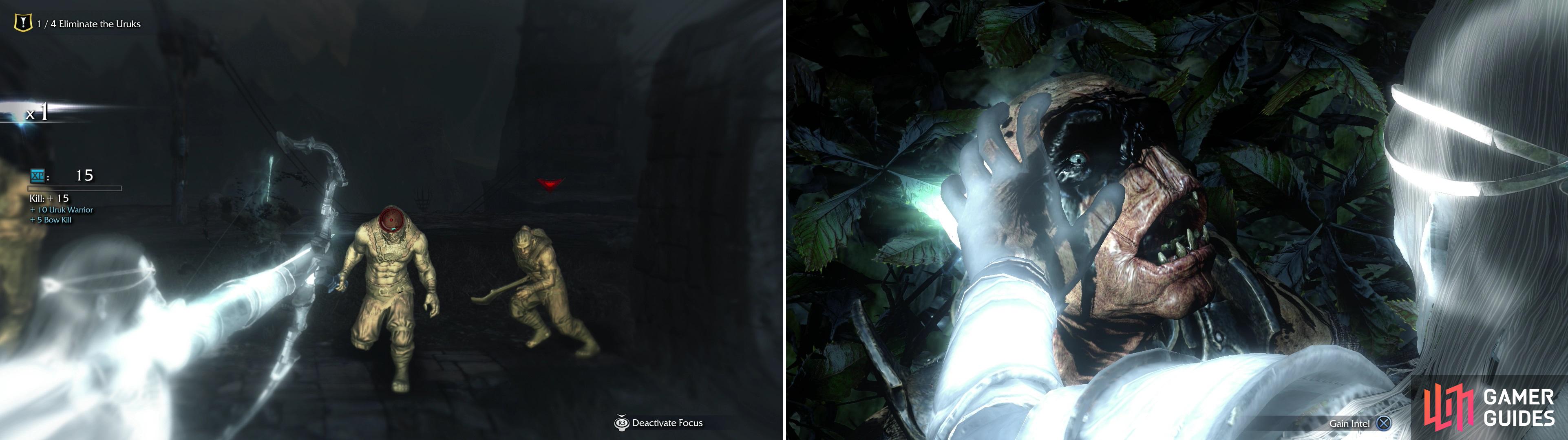 Enter Ranged Mode (L2) and charge your shots (L1). Most normal Uruks can be killed with a single headshot (left). Grab Uruks to Interrogate them, which can earn you vital information about their masters (right).