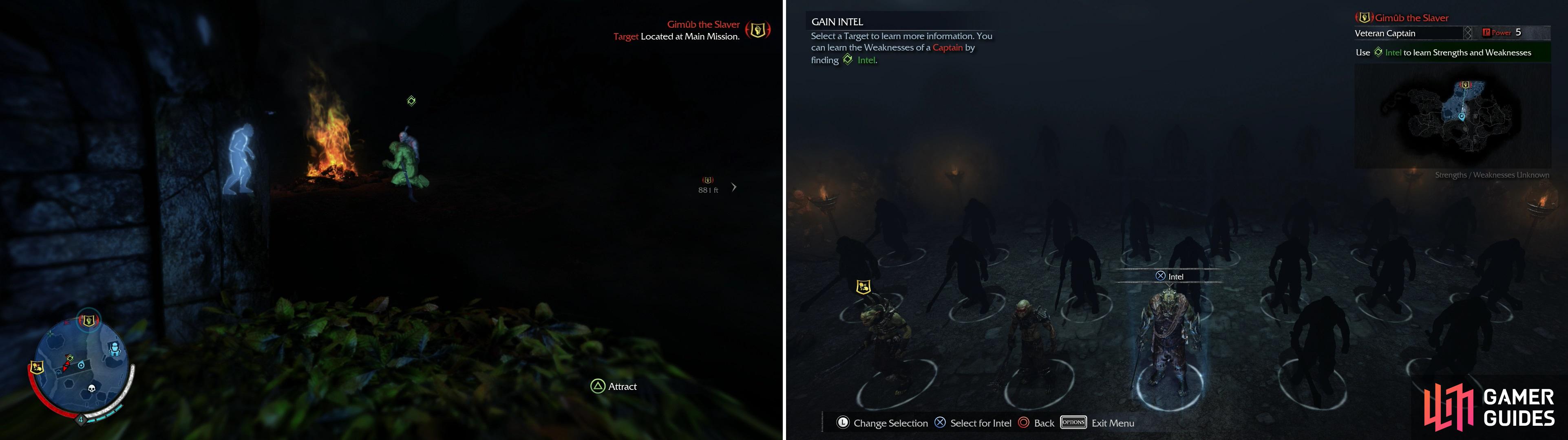 Worms are one common source of Intel-Uruks who, once Interrogated by the Wraith will divulge their precious knowledge about their masters. They have a green icon over them, and glow green in Wraith Vision (left). Gain Intel to learn more about Sauron's Army (right).