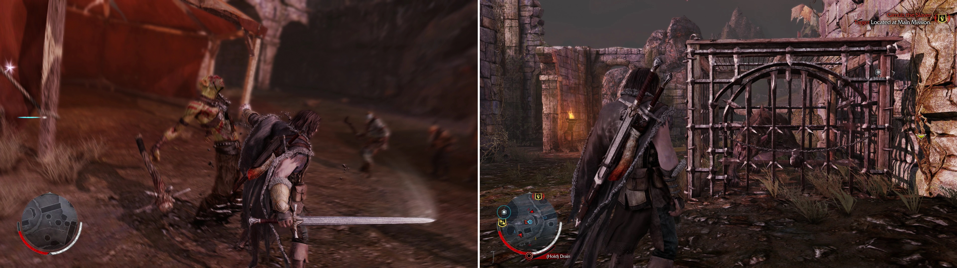 The "Execution" Ability will vastly increase the speed at which you can dispatch Uruks (left). Caged Caragors can often be found where Uruks dwell. Freeing them can make for a helpful distraciton (right).