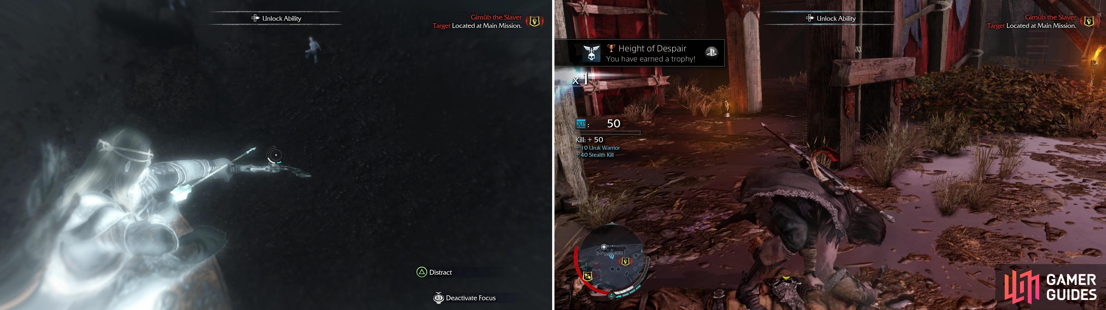 While in Ranged Mode you can use the "Distract" ability to lure Uruks to a specific spot (left). Use "Strike From Above" from the top of the scaffolding in The Black Gate to score the Trophy/Achievement "Height of Despair".