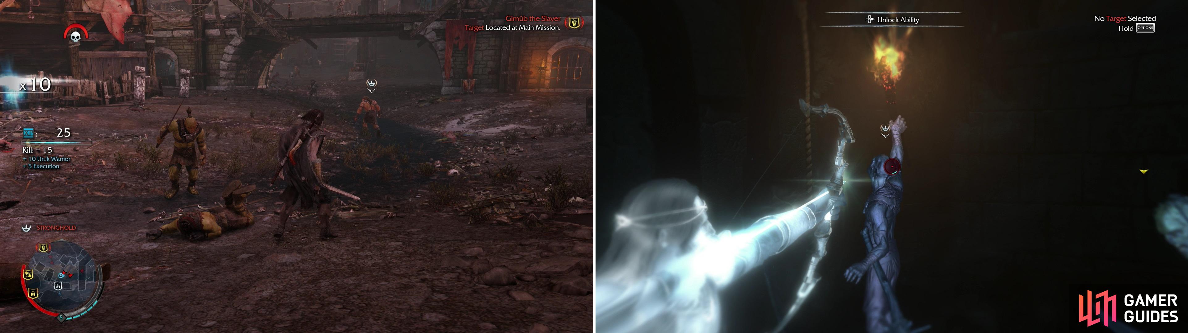 In Strongholds, tattle-tale Uruks will runs off to sound the alarm (left) and can be spotted by the symbol over their heads. If the alarm is raised (right) you'll have to fight through respawning hordes of Uruks.