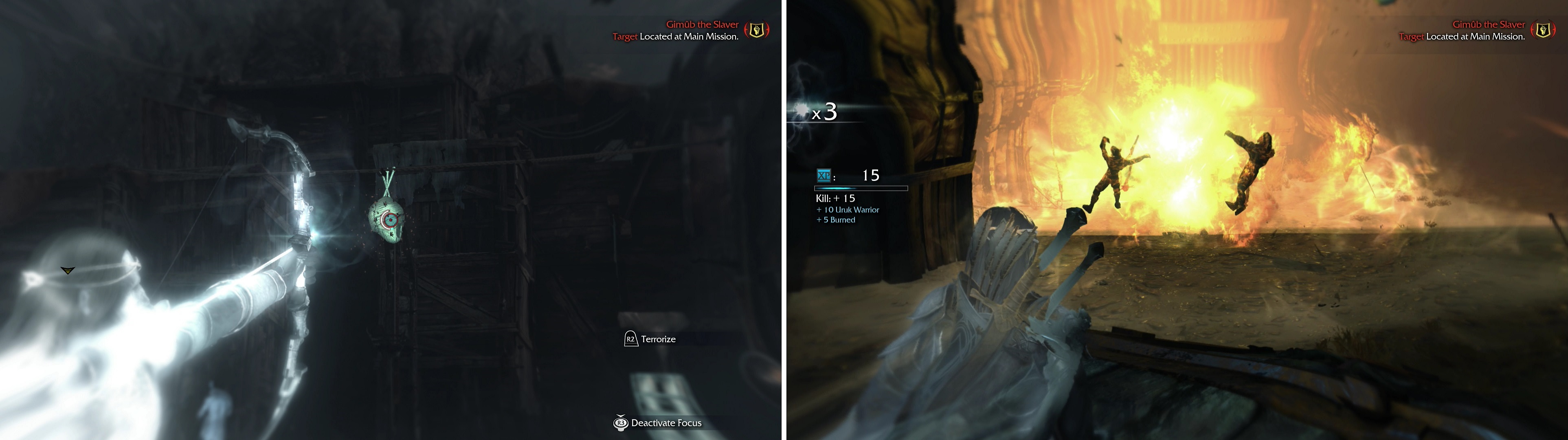 Shooting Morgai Fly Nests will stir up the insects within, to the sorrow of any nearby Uruks (left). Shoot explosive barrels and, if you have the "Detonate" Ability, campfires, to cause potent explosions (right).
