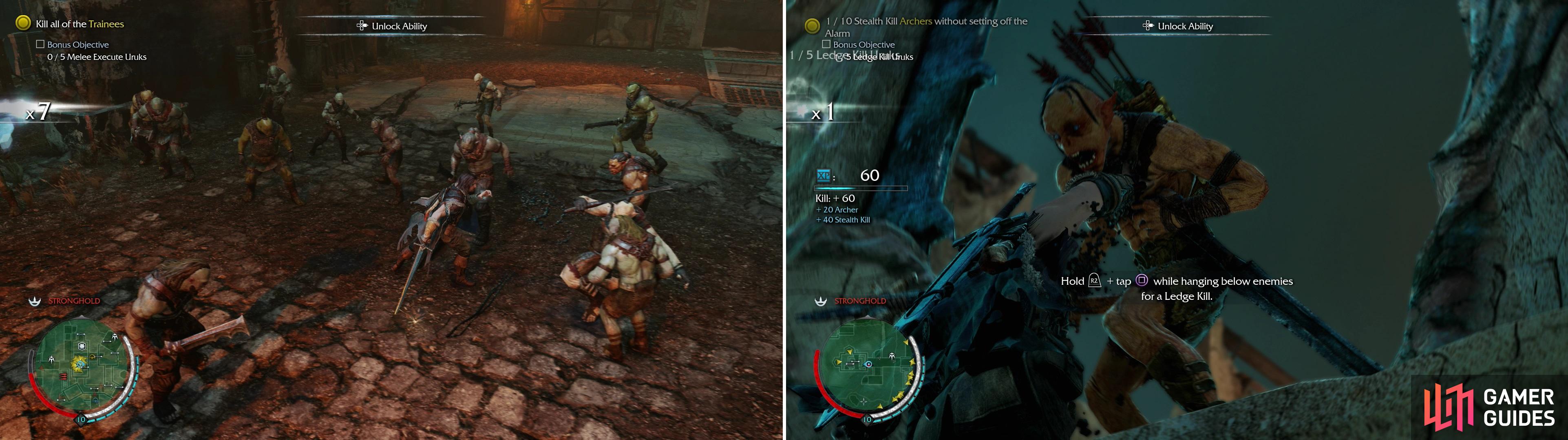 The Sword Mission "Cutting the Lines" tasks you with performing melee Executions while fighting off a horde of Uruks (left), skills that you must learn sooner or later. "Clear the Skies" tests your ability to sneakily Ledge Kill archers (right).