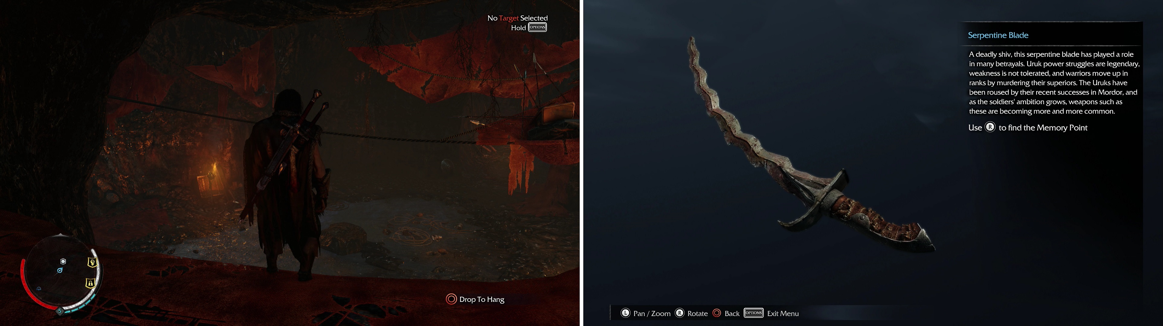 Find the hidden room in the caves (left), wherein you'll find the Serpentine Blade Artifact (right).
