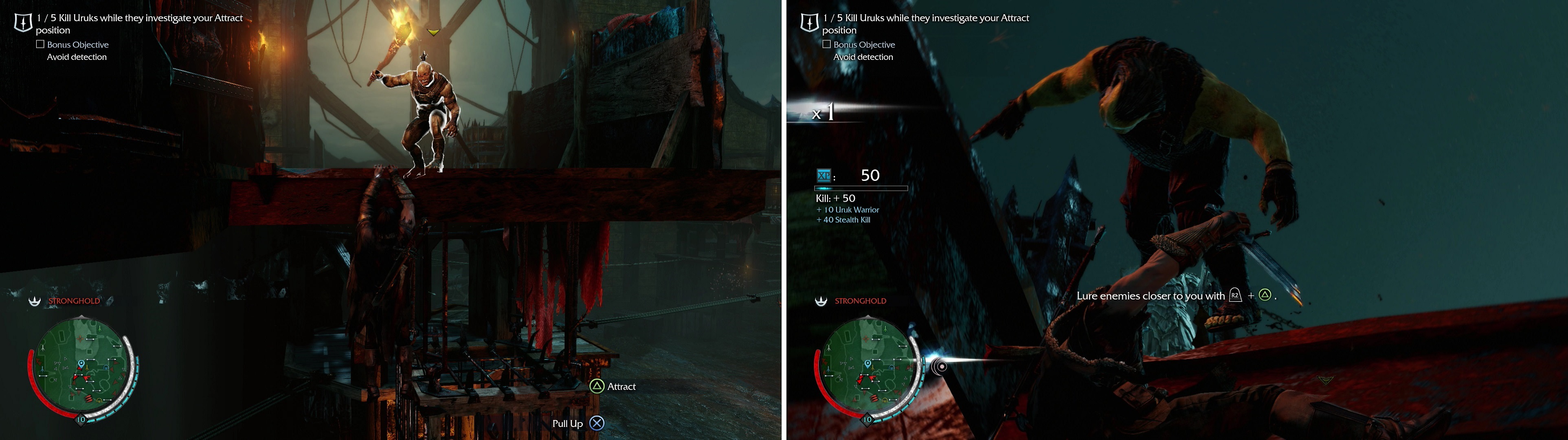 Use the "Attract" ability to lure Uruks to you (left) then perform a Ledge Kill (right).