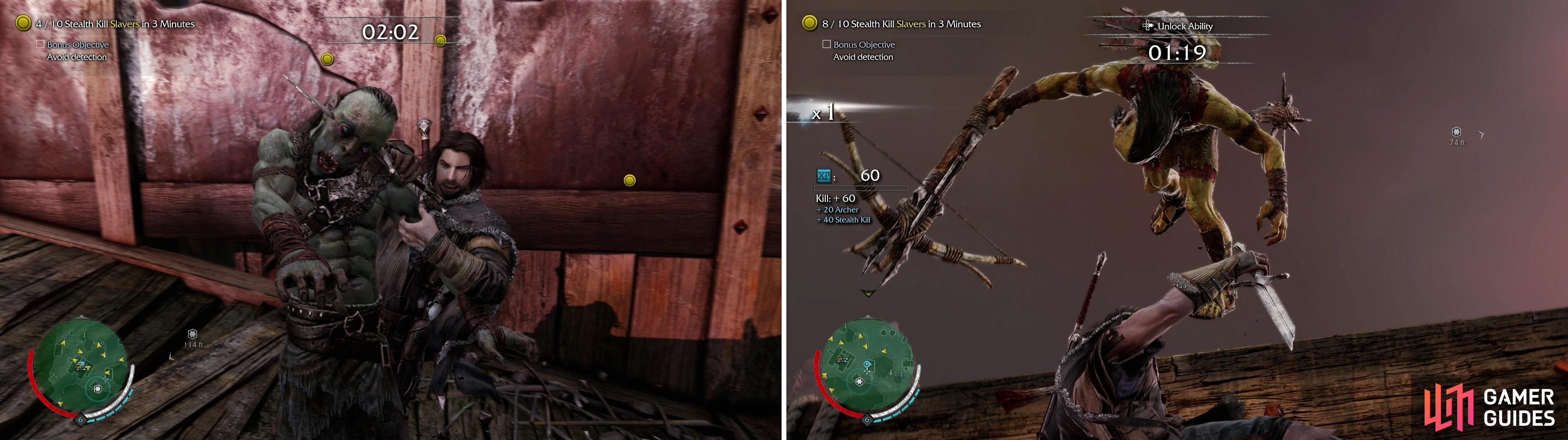 Killing Uruks quickly while remaining undetected is the goal here-normal Stealth Kills work just fine (left), but performing the odd Ledge Kill will make this task even easier (right).