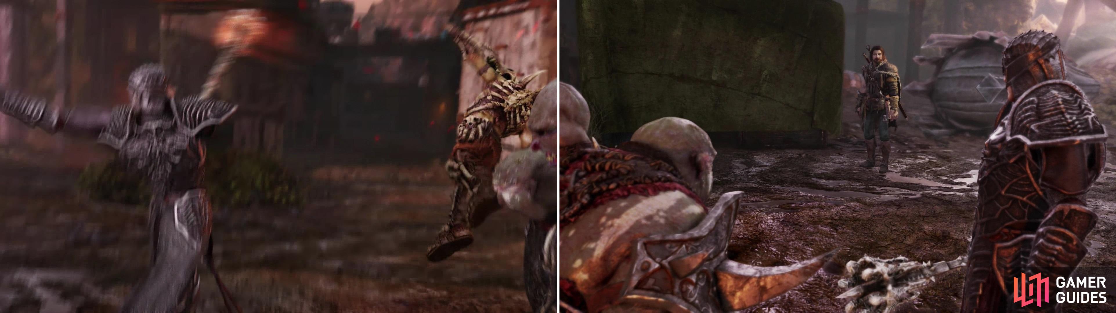 Ratbag learns the hard way that Sauron is less forgiving of incompetence than Talion was (left). The "Gravewalker" steps foward to answer The Hammer's challenge (right).