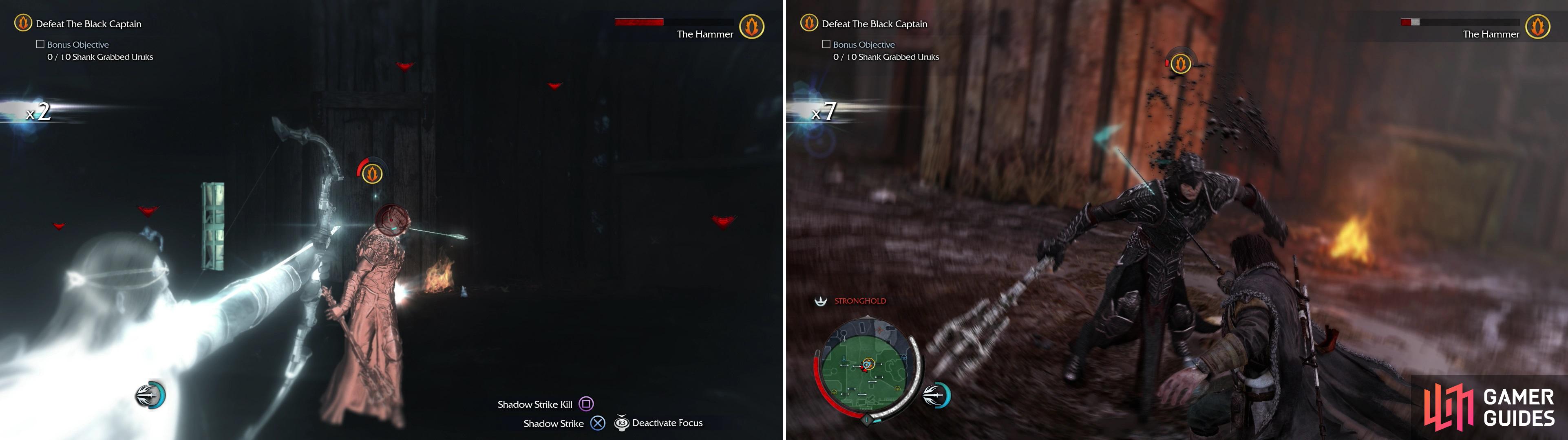 The Hammer can be harmed by arrows, just be sure to fire multiple shots in a row, as he'll grab the first of the bunch and fling it back at you (left). Attacking the attendant Uruks to charge your Hit Streak will allow you to perform damaging Executions (right).