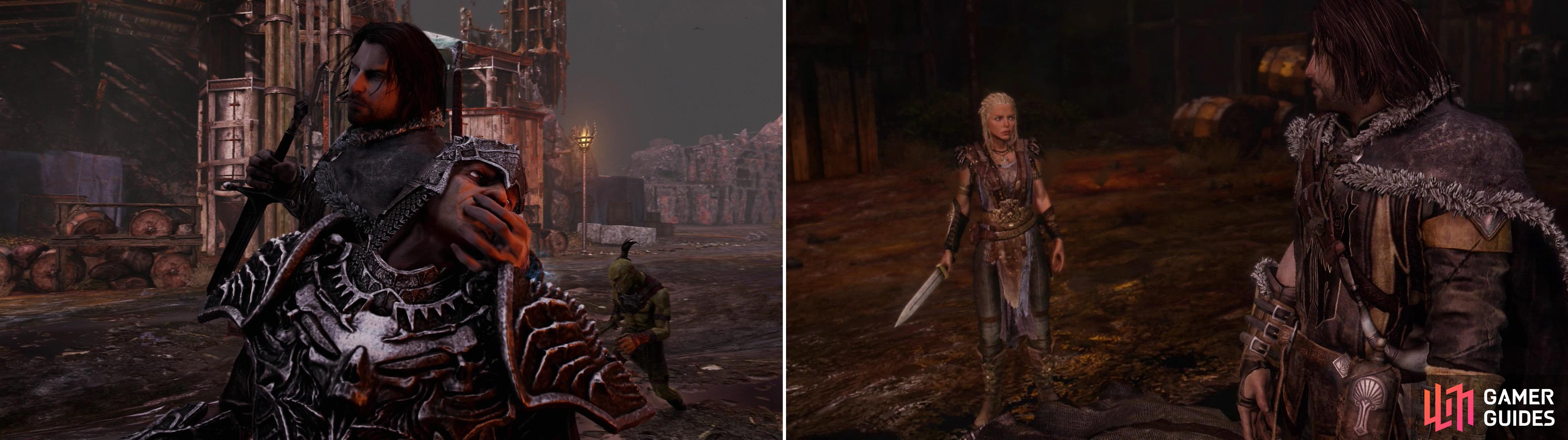 Talion takes his anger out on The Hammer, to the Wraith's annoyance (left). Shortly after the fight Lithariel arrives, and her words draw us to Nurn (right).