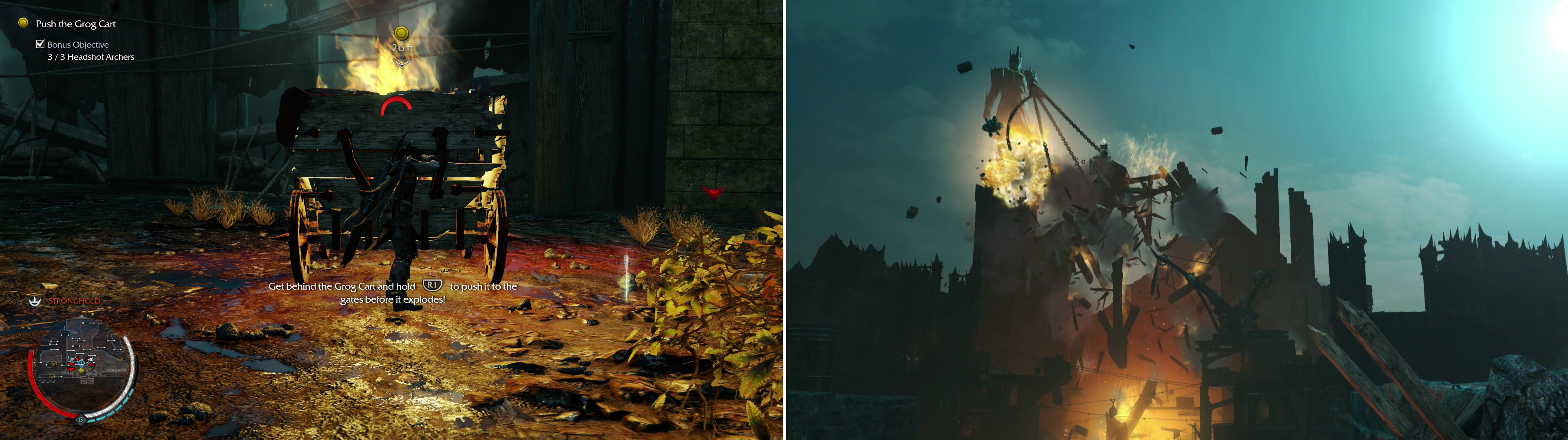 After defending the cart from Uruks, push it the last few feet (left) and watch the destruction of the Monument Gate (right).