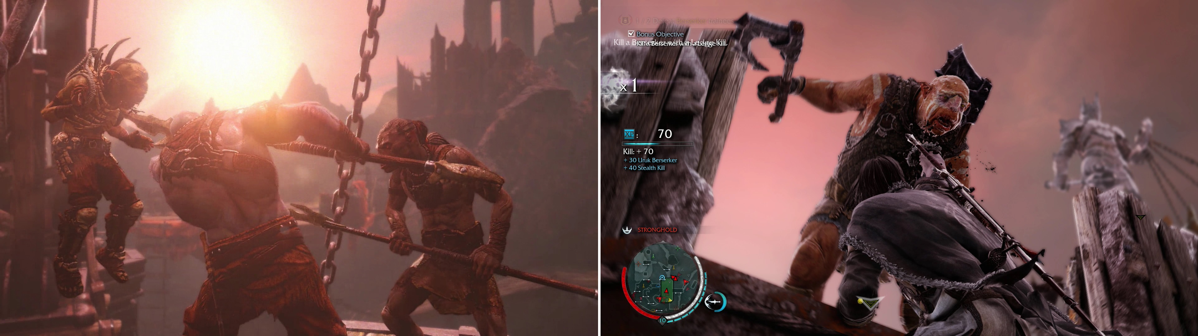 In our absence, Ratbag has again landed himself in trouble (left). The bonus objective for this mission can be satisfied by performing a Ledge Kill on one of the Berserker Trainees (right).