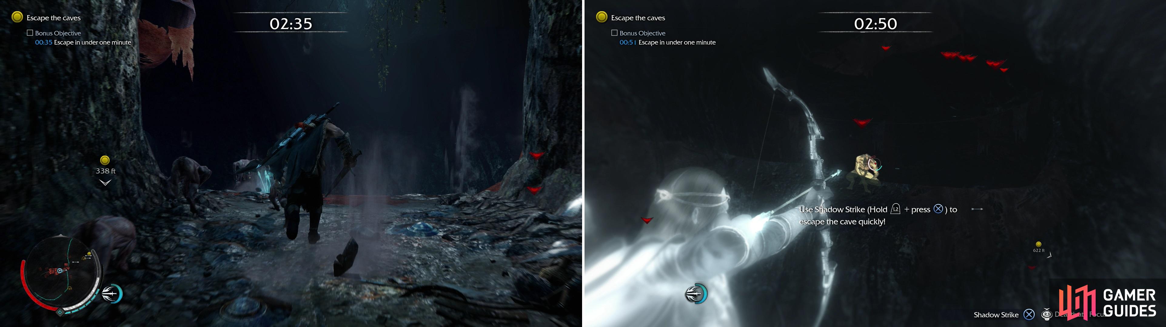 Escape the cave quickly and ignore the Ghuls that try to distract you (left). Performing Shadow Strikes on advantageously place Ghuls can speed up this process (right).