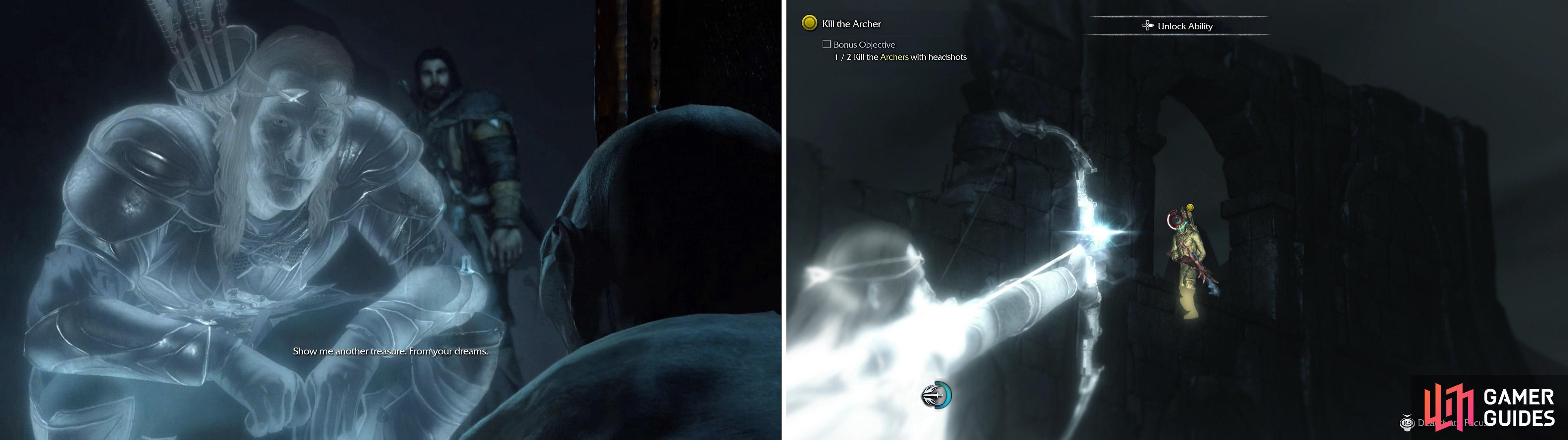 Despite Talion's rudeness, the Wraith manages to persuade Gollum into leading us to another relic (left). Along the way, headshot a few Uruk archers to complete a bonus objective (right).