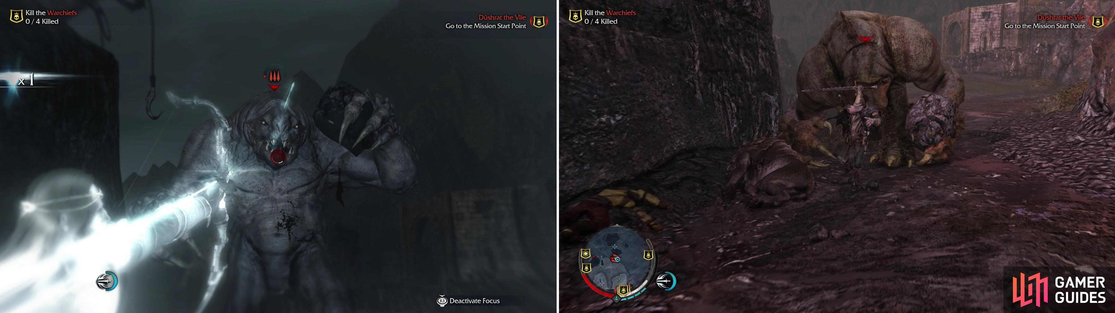 Graugs are mighty foes, but they can be defeated at this point in the game. Stun them by shooting them in the head (left), then close for a few quick sword swipes before they regain their footing (right).