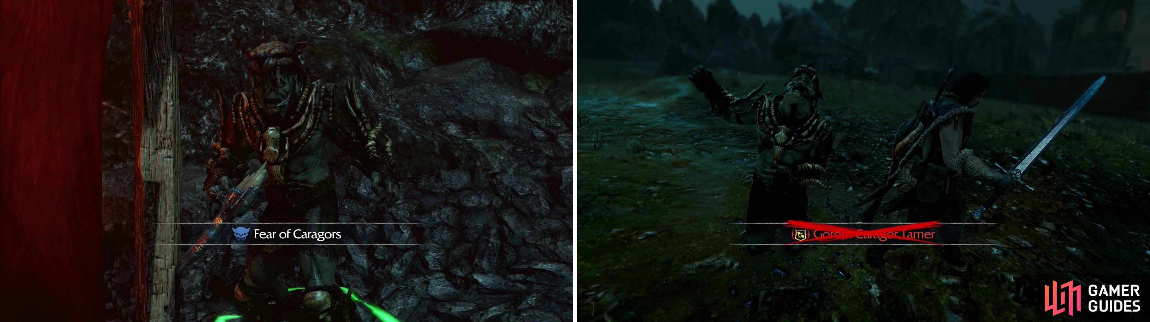Release a caged Caragor to take advantage of Goroth's fear of them (left), after which he should be easy to dispatch (right).