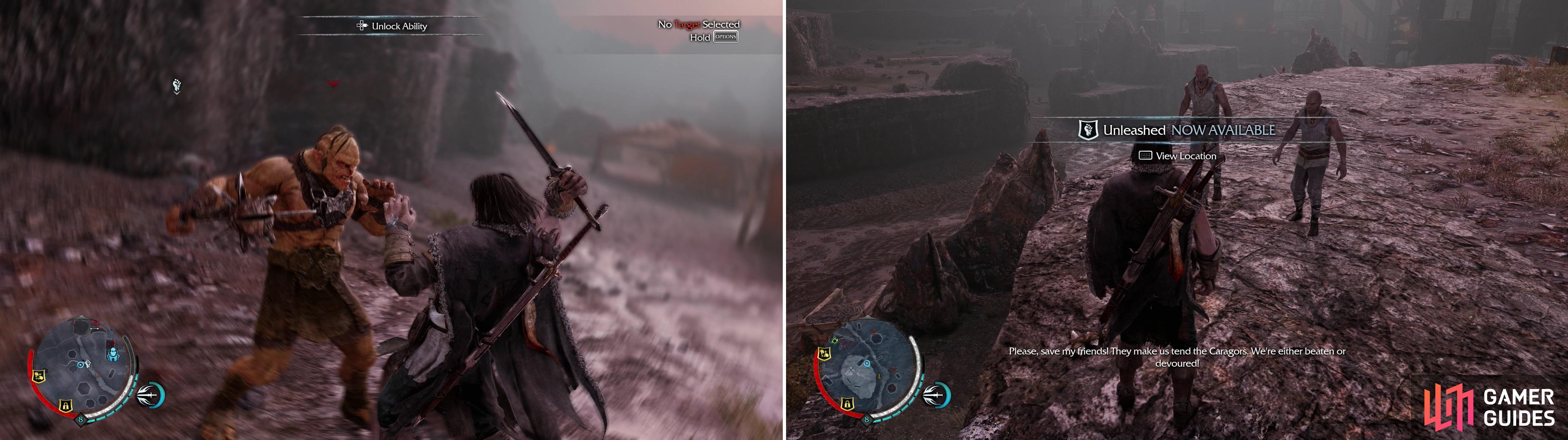 You'll find enslaved Outcasts around Udun. Kill their Uruk overseers (left) and they'll give you optional Outcast missions you can complete for Mirian and XP (right).