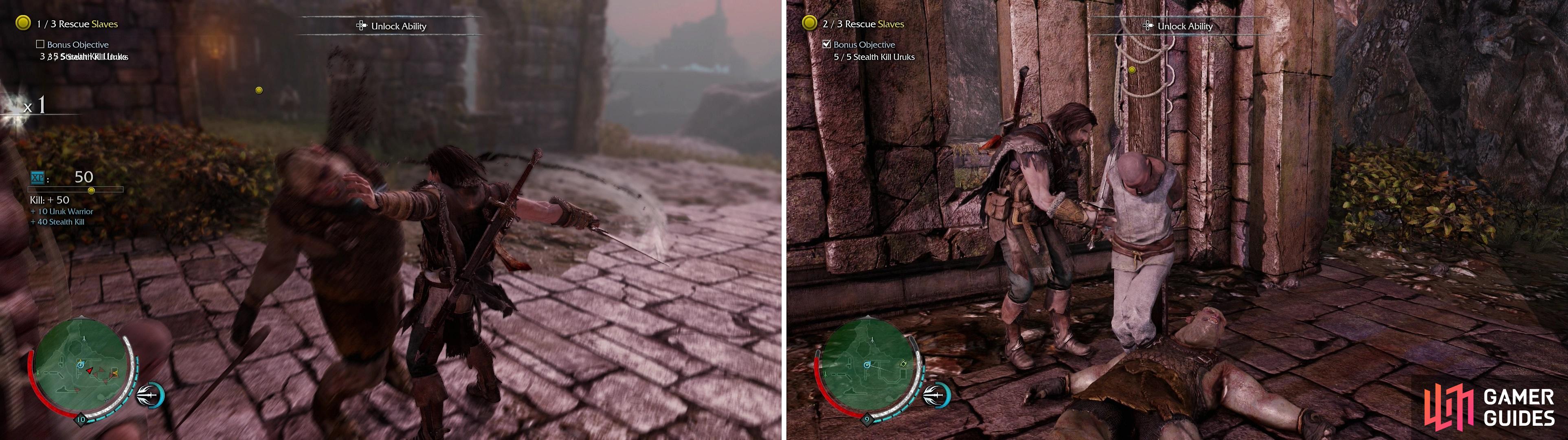 Stealth Kill five Uruks to complete the bonus objective for this Outcast mission (left), then free the Slaves (right).