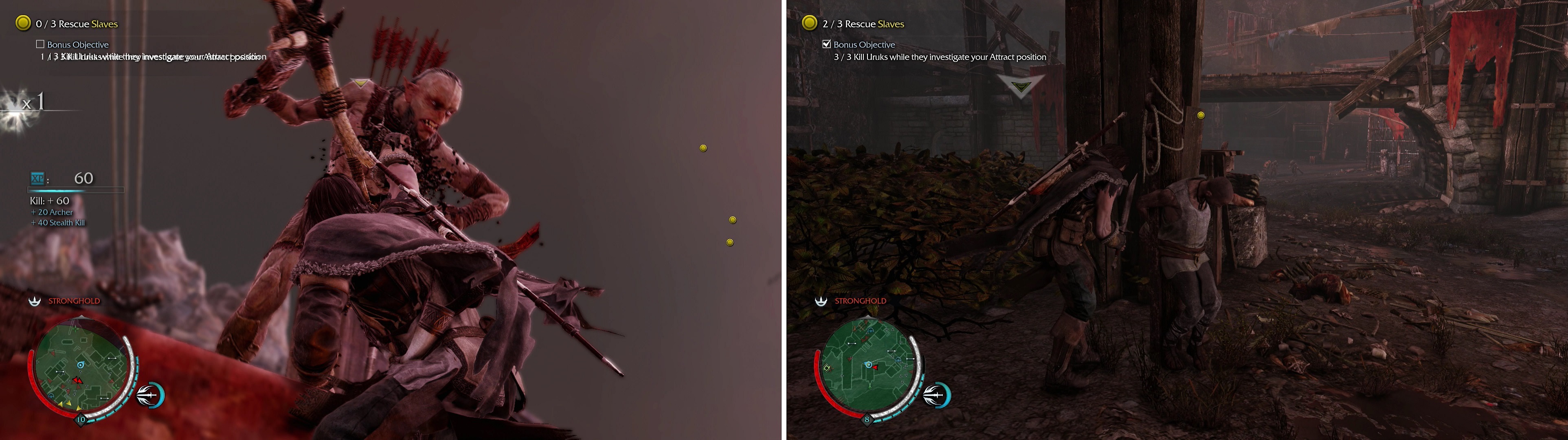 The easiest way to accomplish the bonus objective for this mission is to Attract foes while on a ledge, then perform a Ledge Kill (left). Once you've killed enough, free the slaves (right).
