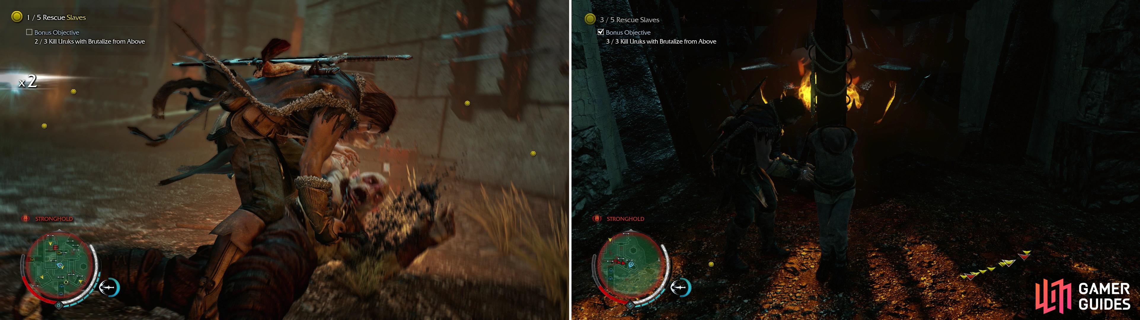 Like a normal Brutalize… but from above! (left). Make three Uruks pay, then free the Slaves (right).