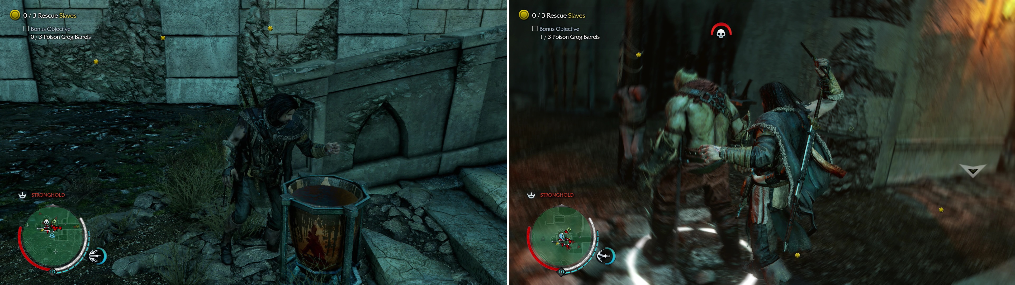 Poison Grog Barrels to satisfy the bonus objectives for this mission-Uruks don't need to actually drink from them (left)-then free the Slaves, especially ones being taunted by Uruks (right).